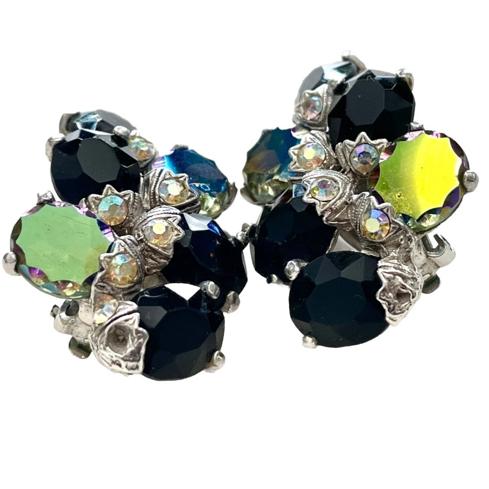 Schiaparelli Bracelet + Earrings Set Aurora Borealis AB Black Rhinestones VTG - Picture 14 of 15